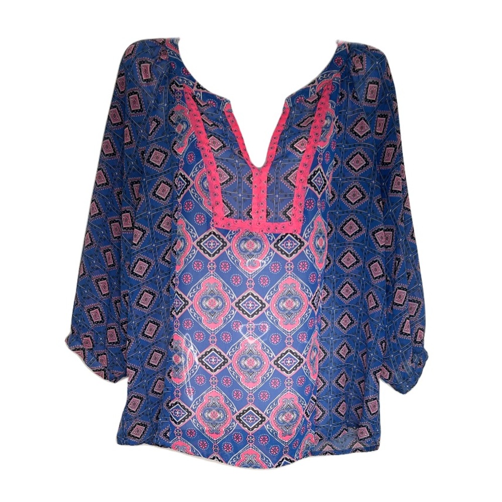 Old Navy Womens Blue Paisley Print Sheer VNeck Blouse Size Small Boho Dainty